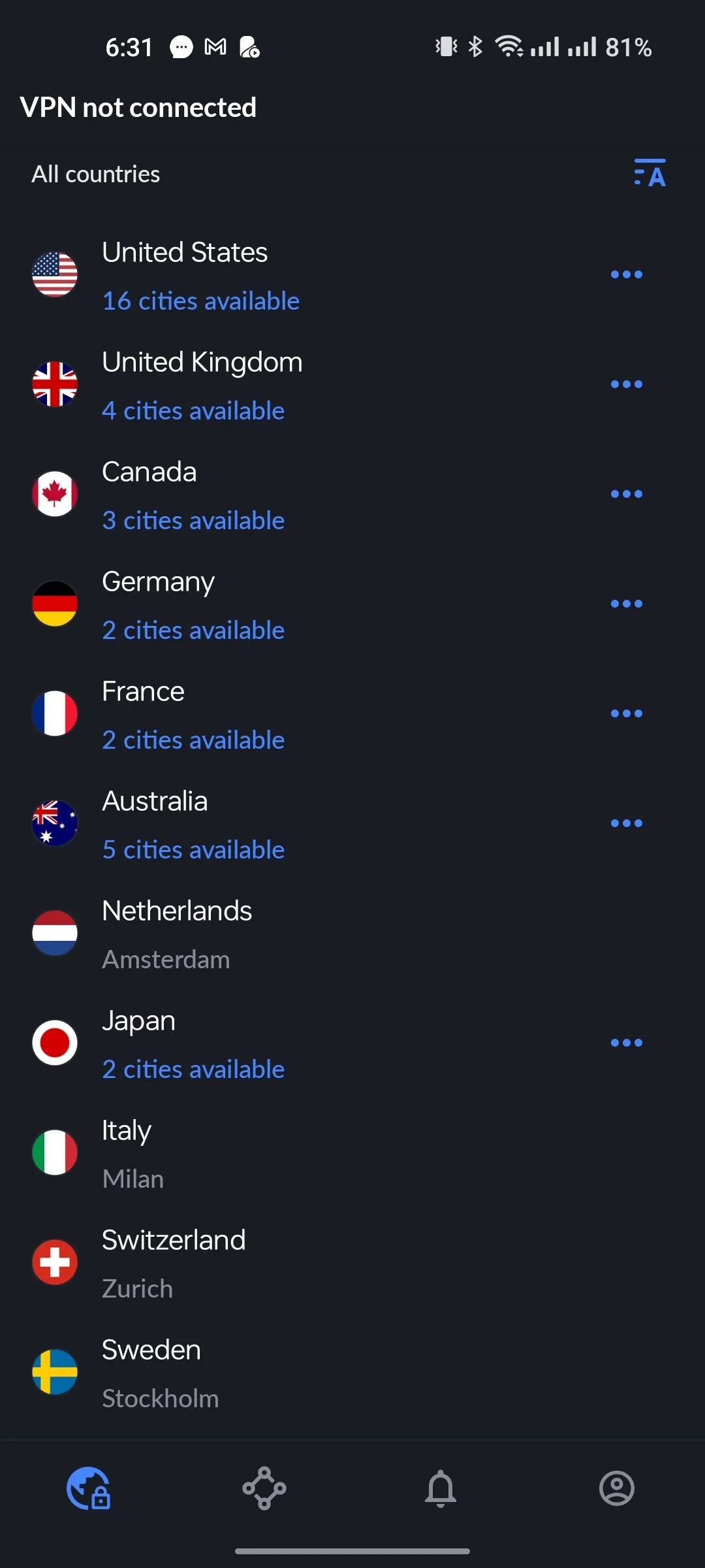 Danh sách các quốc gia trong NordVPN