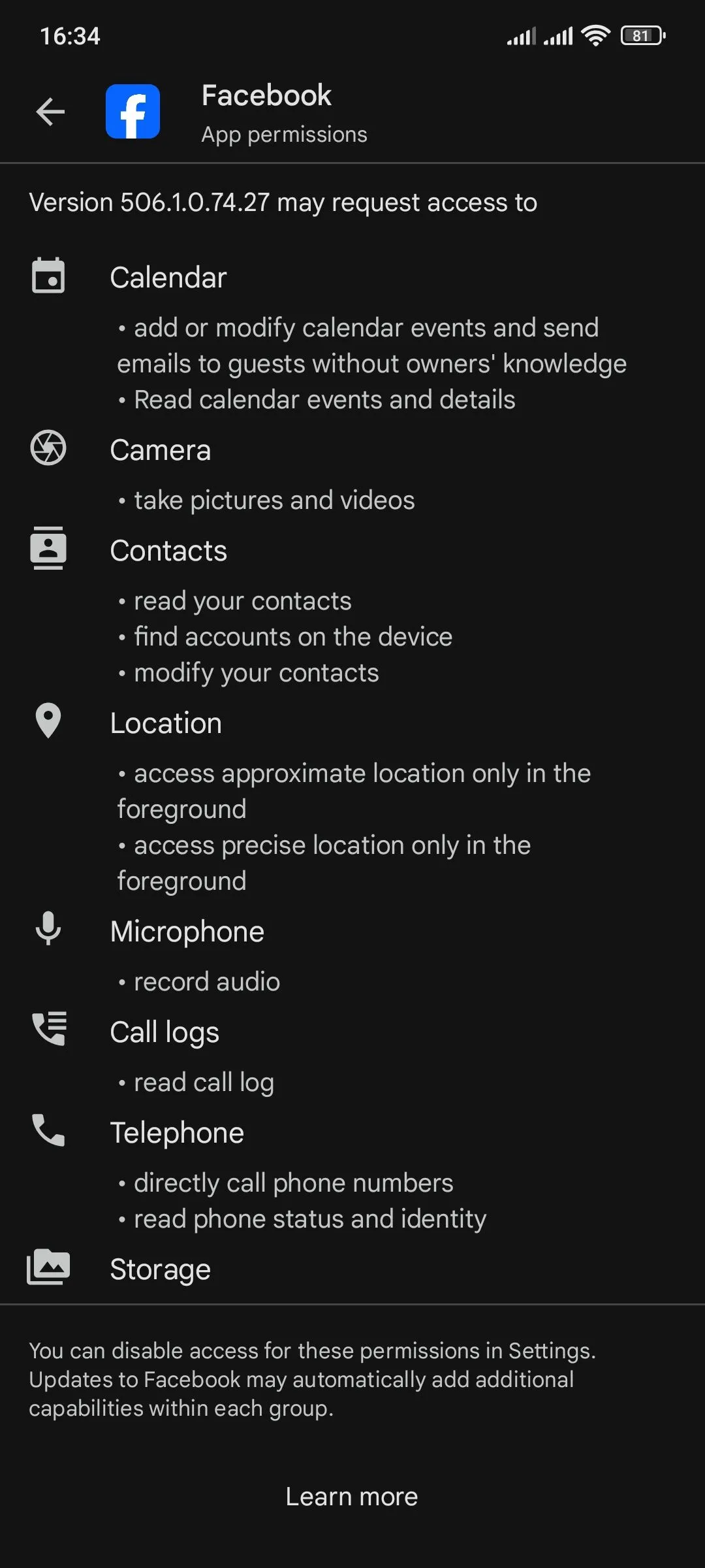 Danh sách các quyền truy cập mà ứng dụng Facebook yêu cầu trên Google Play Store.