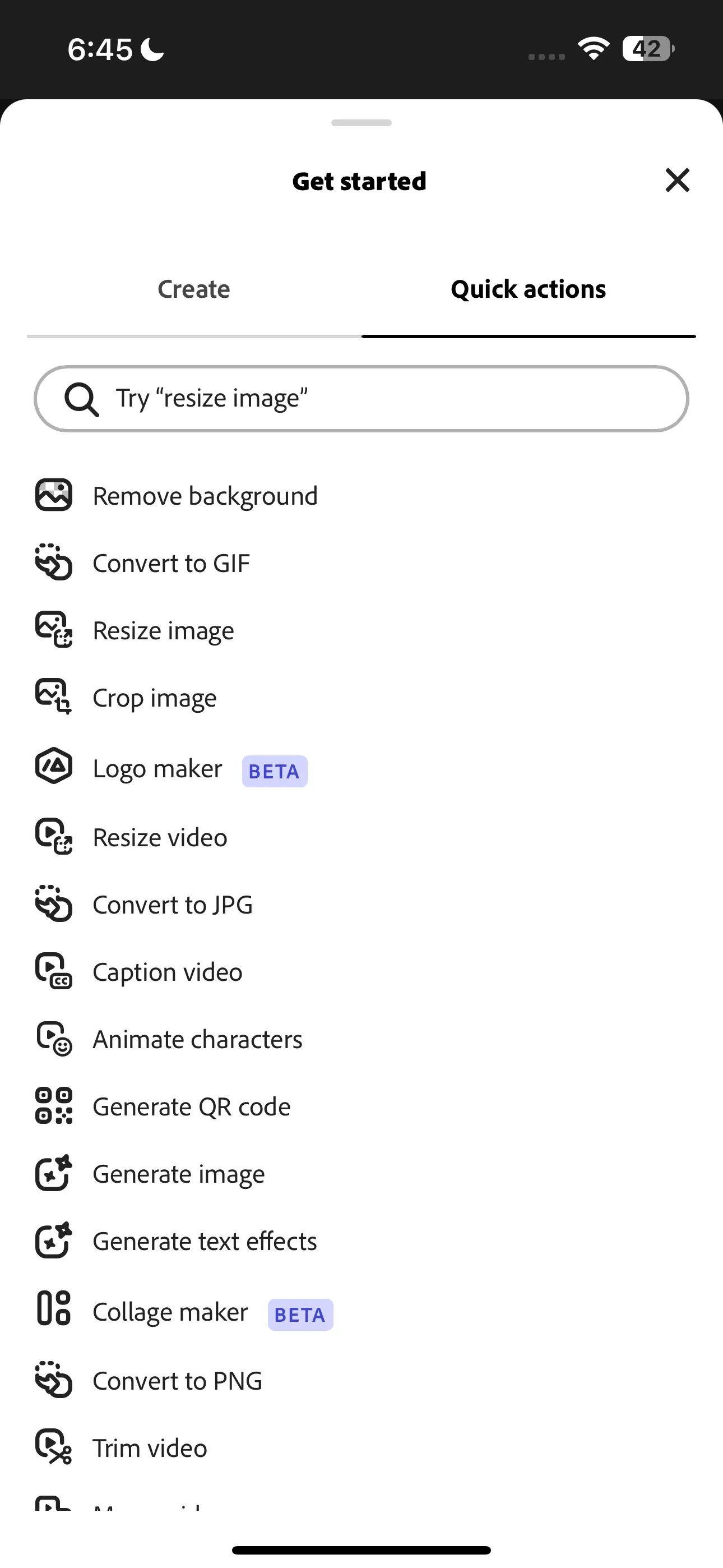 Danh sách các thao tác nhanh (Quick Actions) phổ biến trong Adobe Express, bao gồm các công cụ chỉnh sửa ảnh, video và PDF tiện lợi.