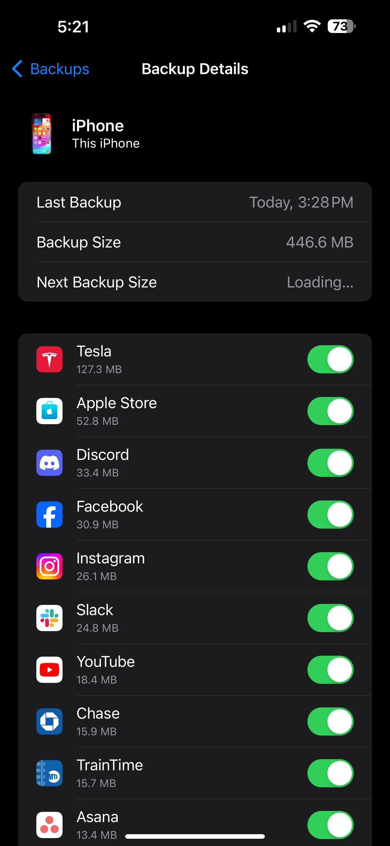 Danh sách các ứng dụng được sao lưu trong iCloud, minh họa tính năng sao lưu tự động