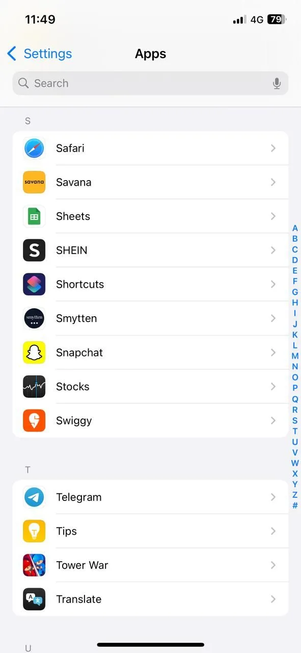 Danh sách các ứng dụng trong cài đặt iPhone, hiển thị ứng dụng Safari