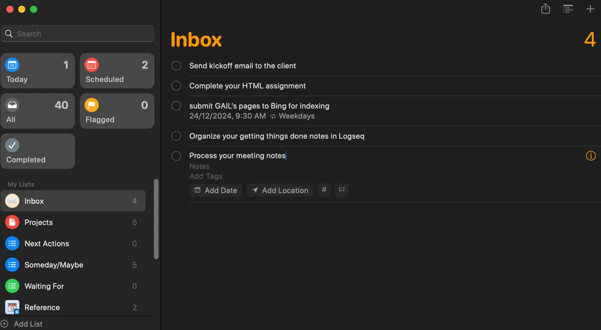 Danh sách &quot;Hộp thư đến&quot; (Inbox) trong ứng dụng Lời nhắc (Reminders) của Apple, dùng để thu thập các tác vụ và ý tưởng cần xử lý