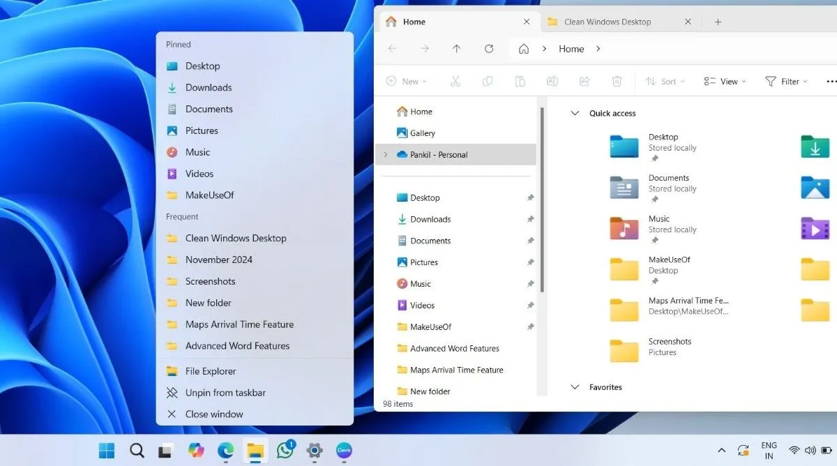 Danh sách Jump List trên Taskbar và cửa sổ File Explorer đang mở trên Desktop Windows