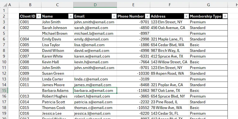 Danh sách khách hàng trong Excel với các ô trống chưa được tô sáng