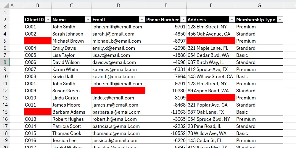 Danh sách khách hàng trong Excel với các ô trống đã được tô sáng bằng Conditional Formatting