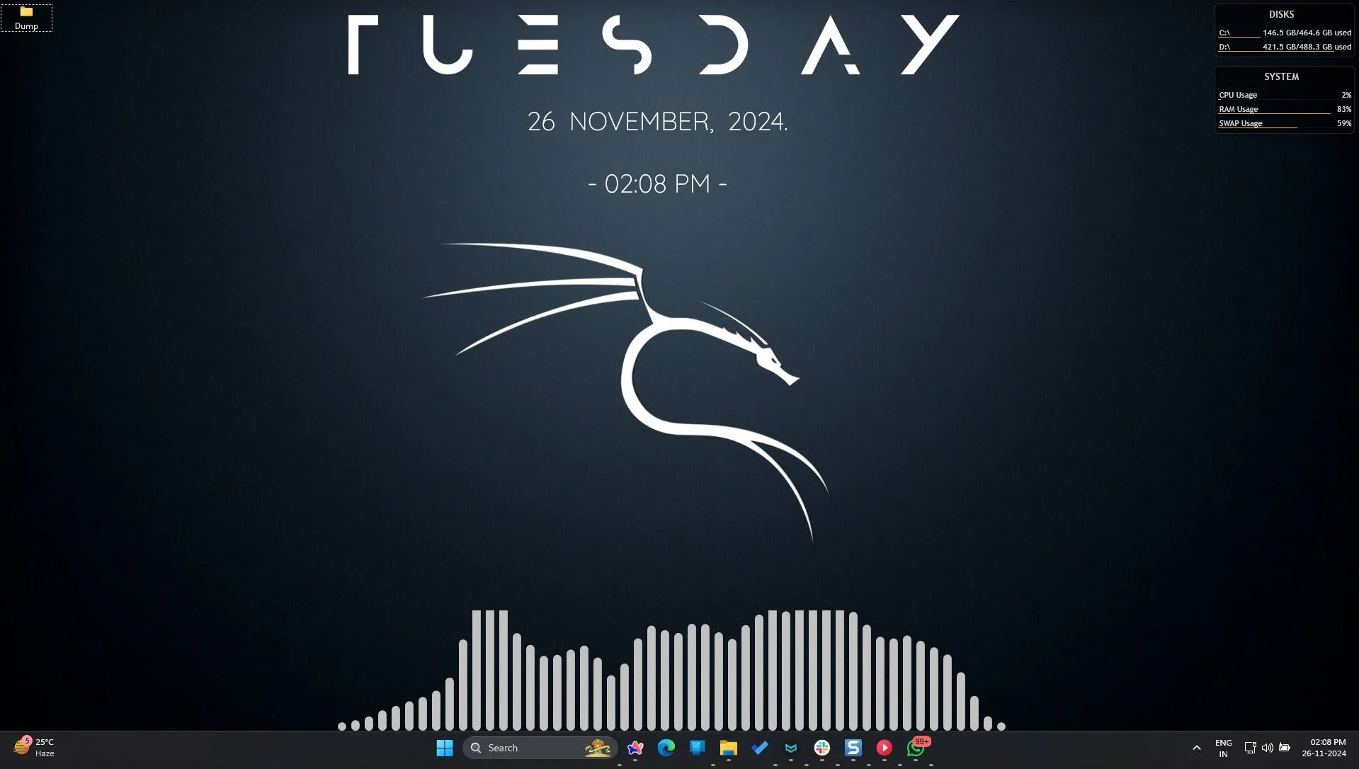 Desktop Windows 11 được tùy biến ấn tượng với Rainmeter, hiển thị đồng hồ và bộ phân tích âm thanh.
