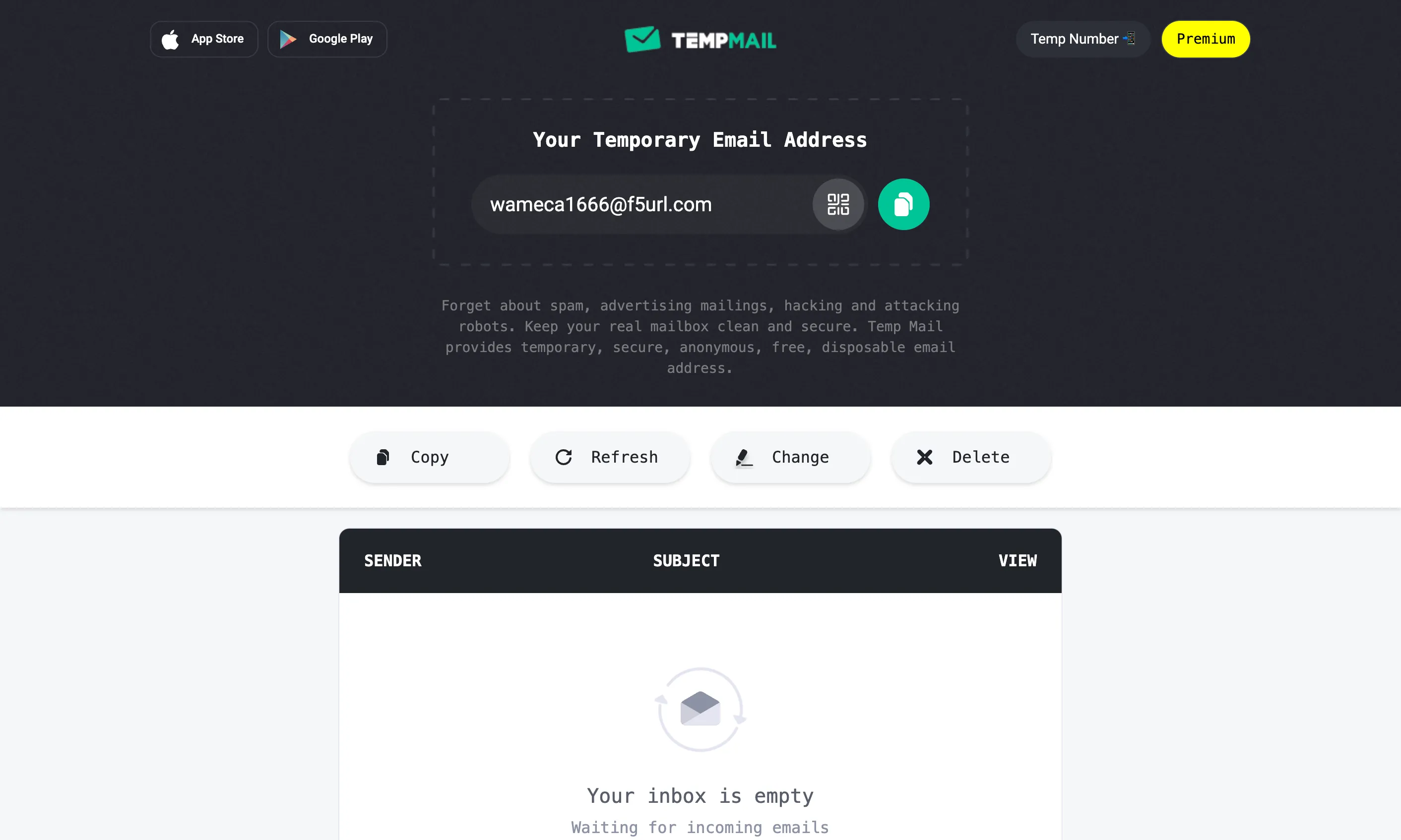Địa chỉ email tạm thời được tạo bởi Temp Mail, hiển thị trên giao diện trang web, giúp người dùng bảo vệ hộp thư chính khỏi spam.
