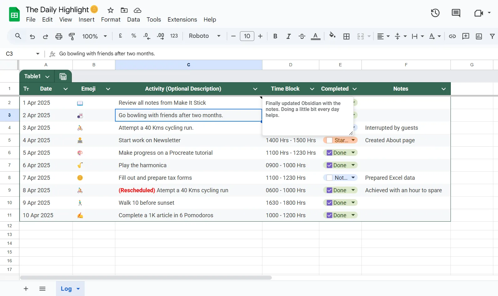 Điểm nhấn hàng ngày trong Google Sheets