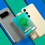 Điện thoại Google Pixel và Samsung Galaxy đang hiển thị thông báo cập nhật Android, minh họa việc thiết bị tầm trung mới được hỗ trợ phần mềm lâu dài.