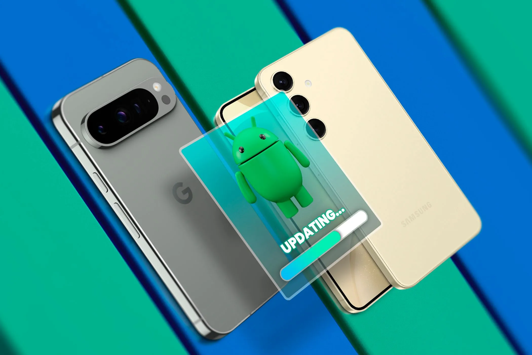 Điện thoại Google Pixel và Samsung Galaxy đang hiển thị thông báo cập nhật Android, minh họa việc thiết bị tầm trung mới được hỗ trợ phần mềm lâu dài.