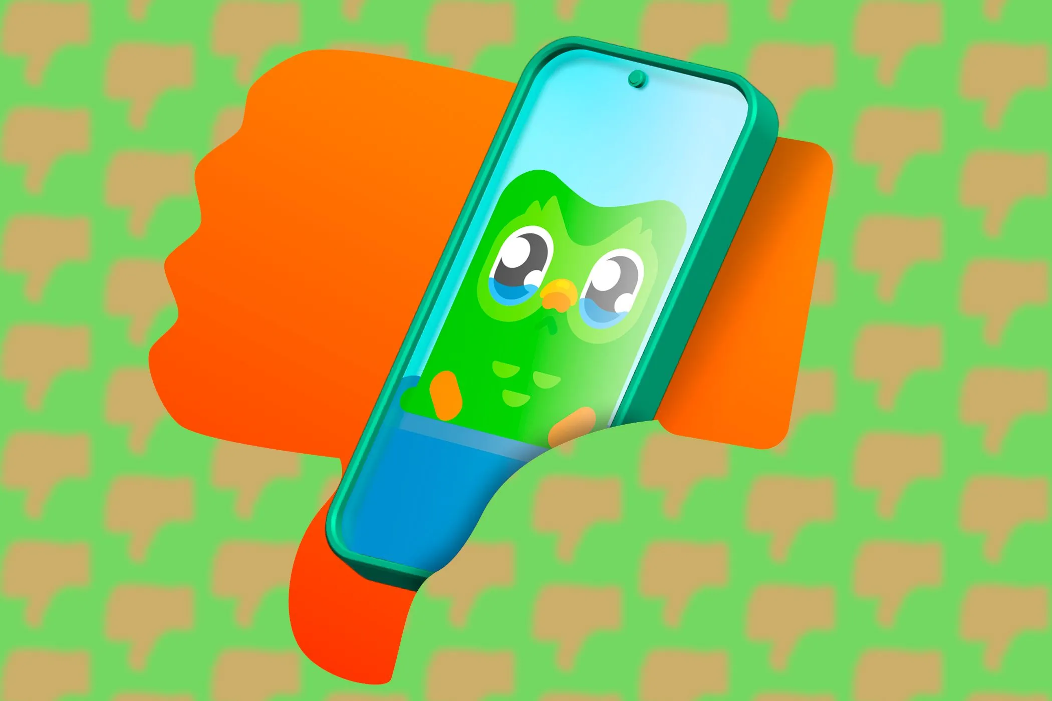Điện thoại hiển thị ứng dụng Duolingo bên cạnh biểu tượng ngón tay cái hướng xuống, minh họa sự lo ngại về quyền riêng tư dữ liệu.