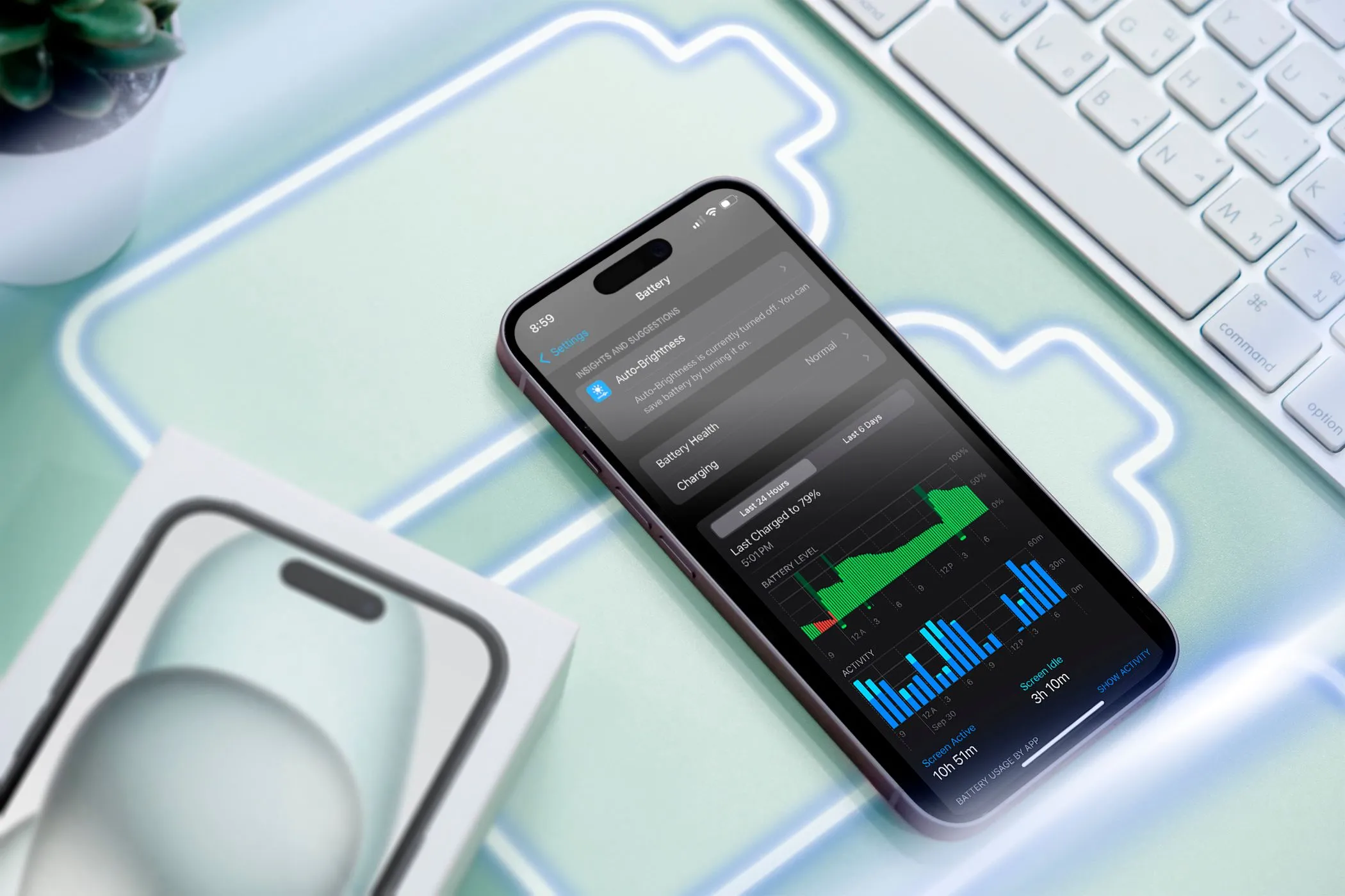 Điện thoại iPhone hiển thị mức sử dụng pin và các biểu tượng pin trên màn hình, minh họa việc quản lý hiệu năng và tuổi thọ pin trên thiết bị di động.