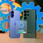 Điện thoại iPhone và Samsung Galaxy với biểu tượng bánh răng và cập nhật ứng dụng, minh họa các tác vụ chạy nền gây chậm hotspot.