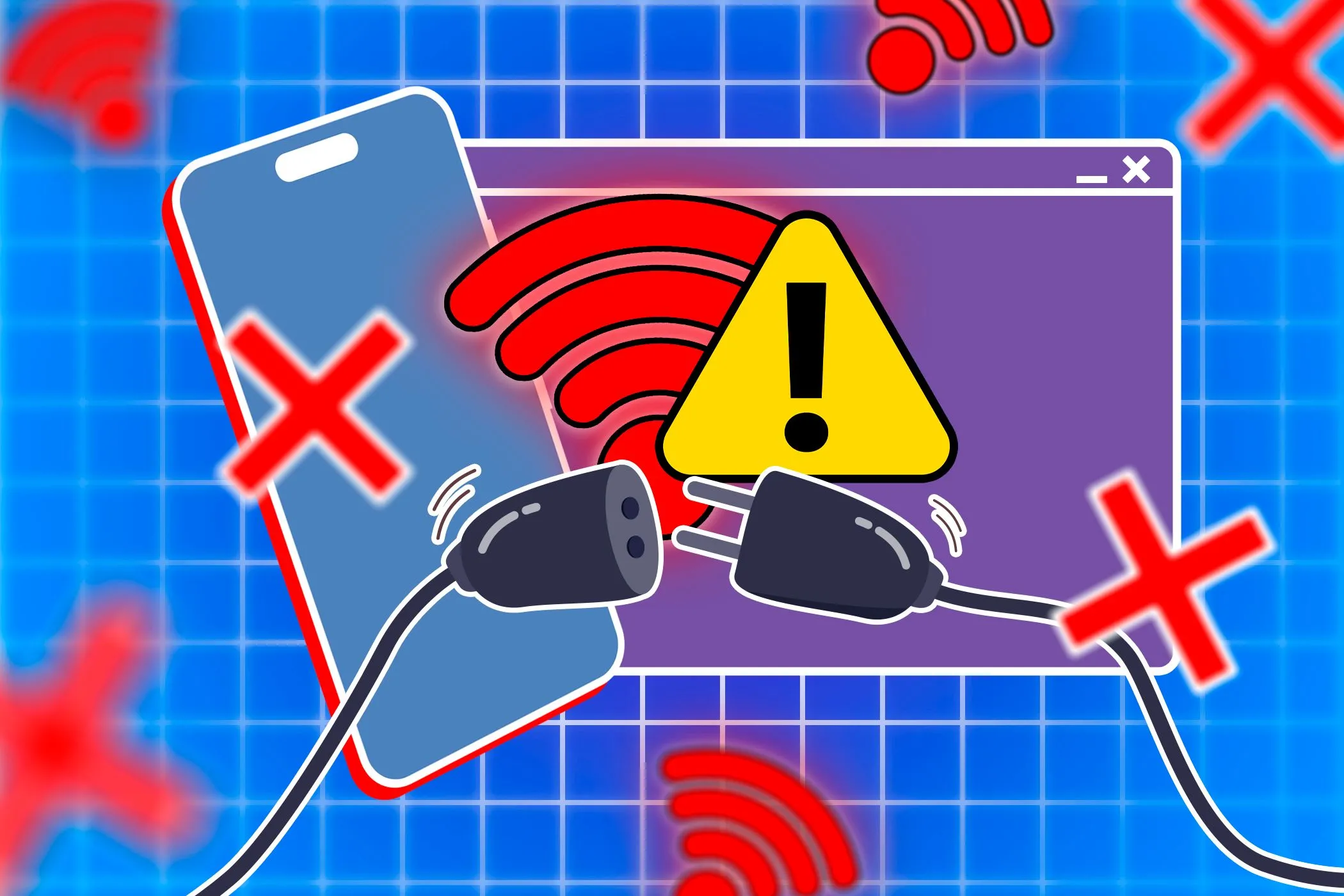 Điện thoại thông minh hiển thị biểu tượng Wi-Fi và cảnh báo mất kết nối, minh họa tình huống cần dự phòng Internet