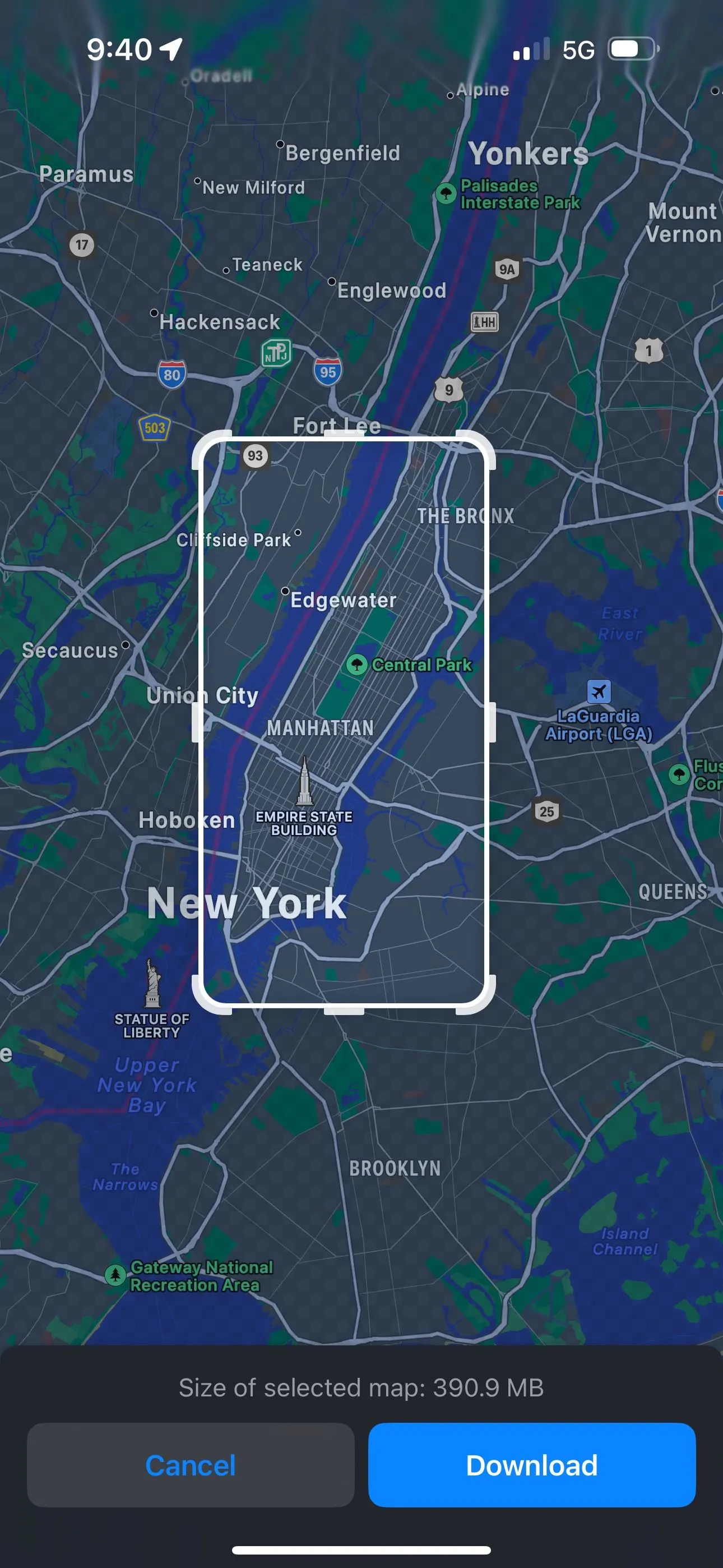 Điều chỉnh kích thước bản đồ New York City tải offline trên Apple Maps iOS 17
