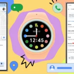 Đồ họa minh họa Samsung Galaxy Watch cho trẻ em với các tính năng định vị và quản lý danh bạ thông qua điện thoại Galaxy.