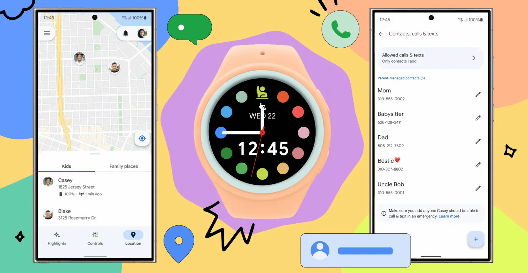 Đồ họa minh họa Samsung Galaxy Watch cho trẻ em với các tính năng định vị và quản lý danh bạ thông qua điện thoại Galaxy.