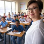 Đôi mắt vô hồn của một giáo viên AI đang mỉm cười trước lớp học, biểu hiện thiếu cảm xúc tự nhiên.