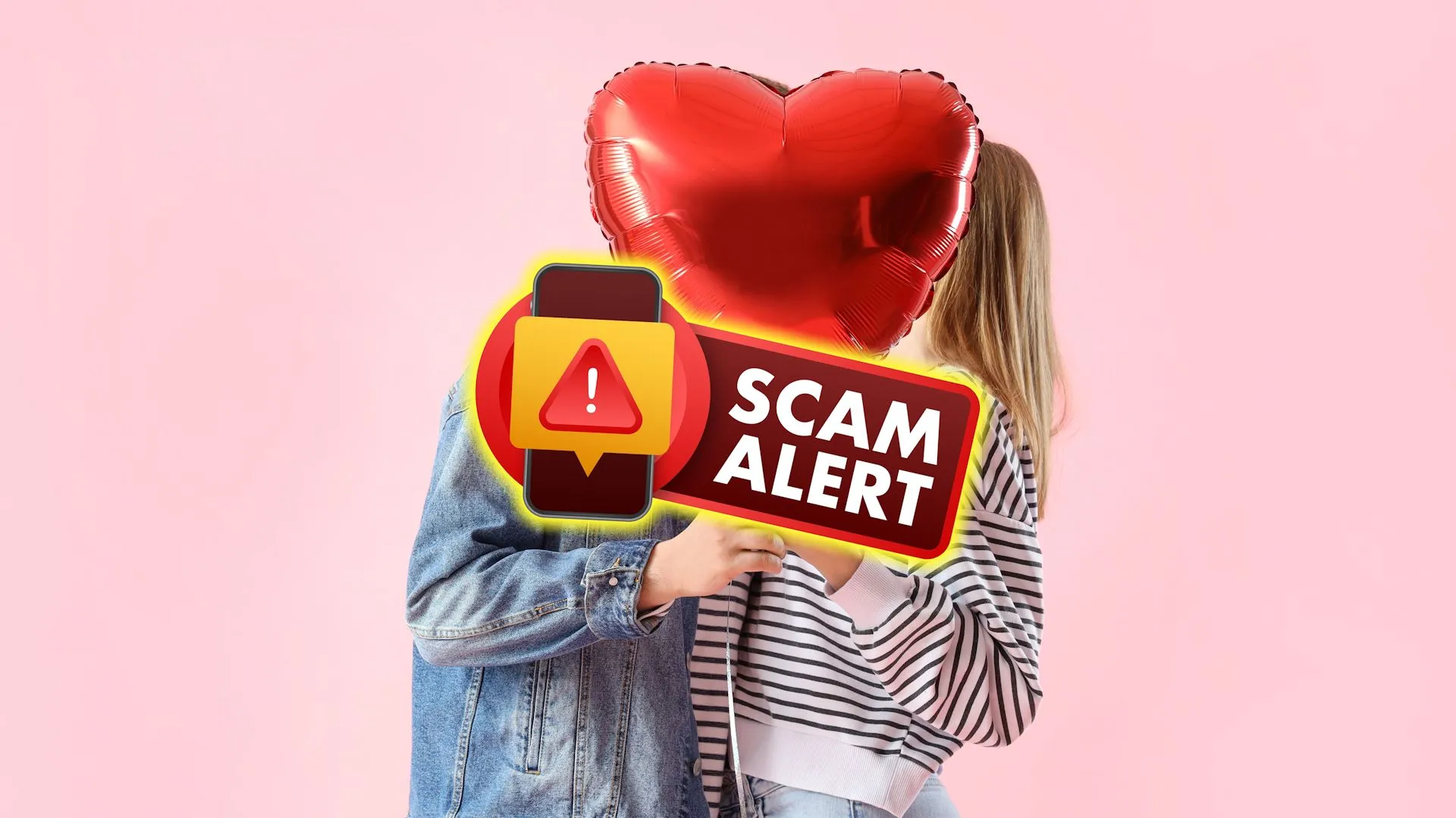 Đôi nam nữ che mặt sau bong bóng hình trái tim với biển báo &quot;Scam Alert&quot;, minh họa cho mối nguy hiểm của lừa đảo tình cảm có AI hỗ trợ.