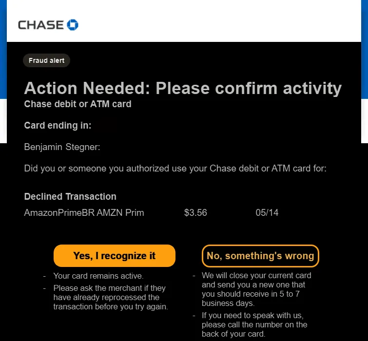 Email cảnh báo gian lận thẻ tín dụng Amazon từ ngân hàng Chase