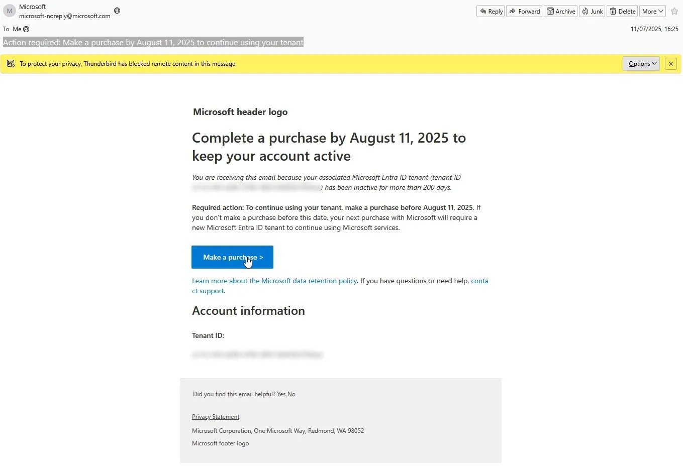 Email cảnh báo Microsoft Entra ID yêu cầu hành động mua hàng để duy trì tài khoản.