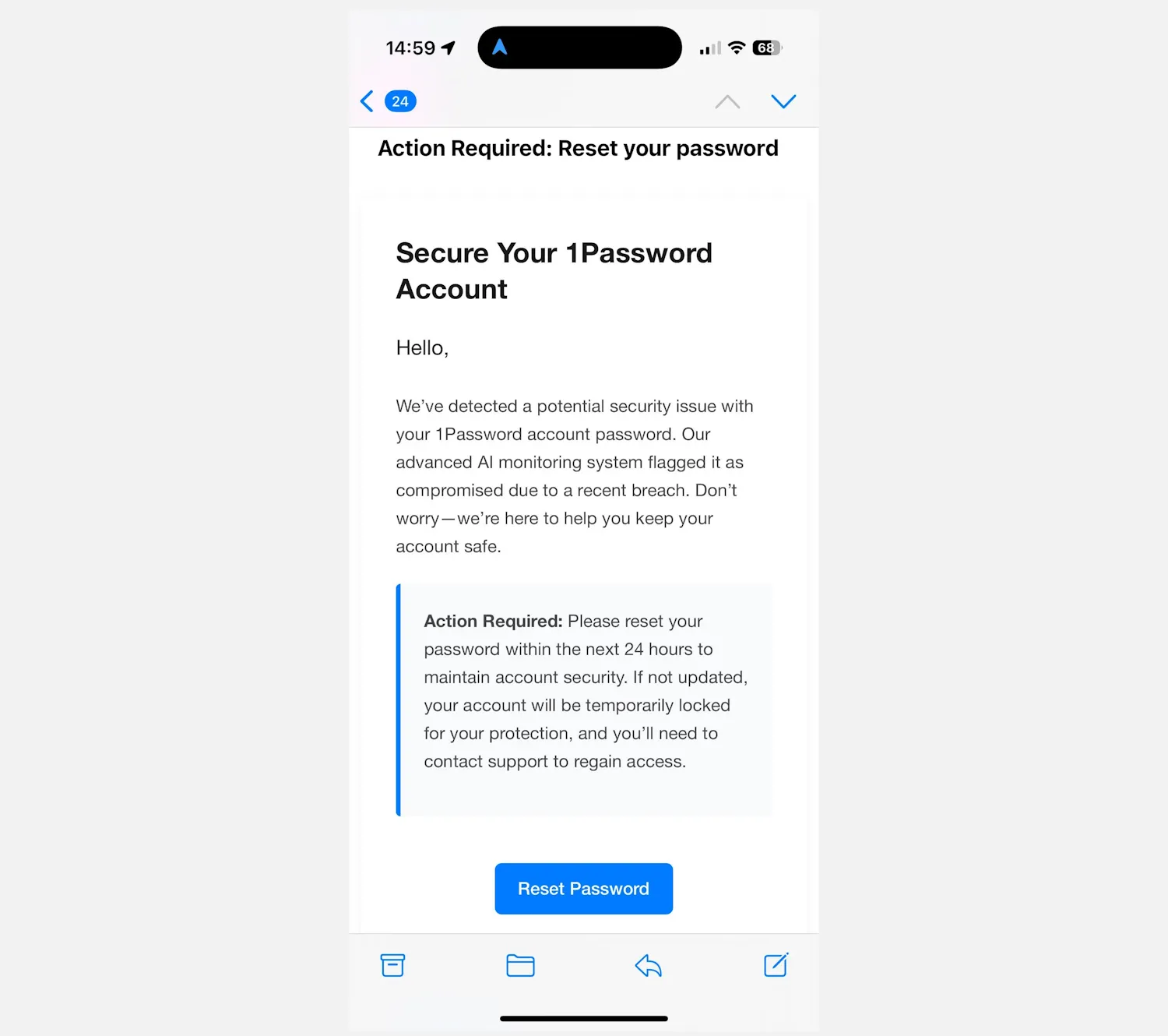 Email lừa đảo giả mạo 1Password yêu cầu reset mật khẩu chính