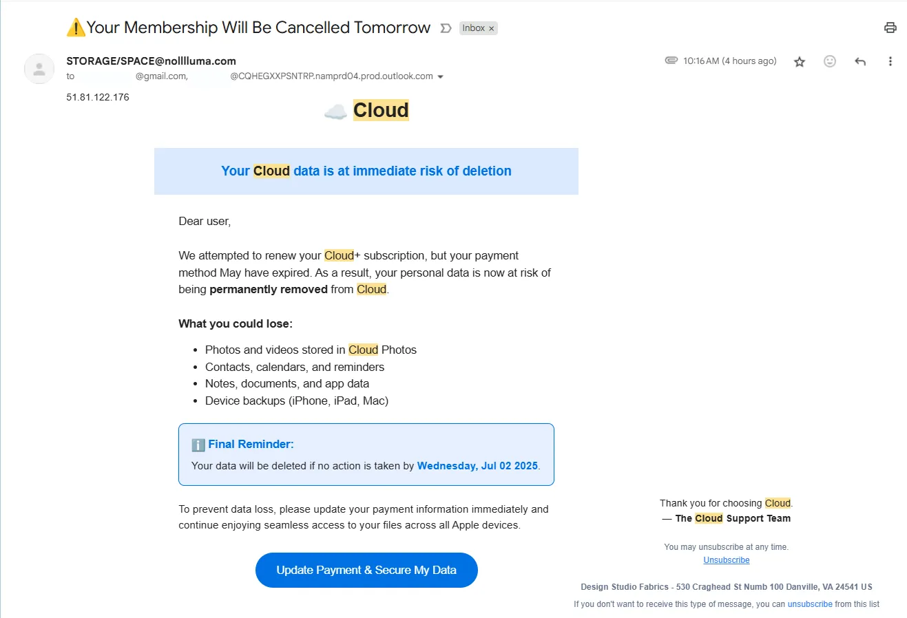 Email lừa đảo mạo danh dịch vụ lưu trữ đám mây cảnh báo dữ liệu sẽ bị xóa