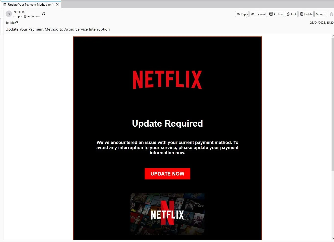 Email lừa đảo phishing mạo danh Netflix yêu cầu cập nhật thanh toán
