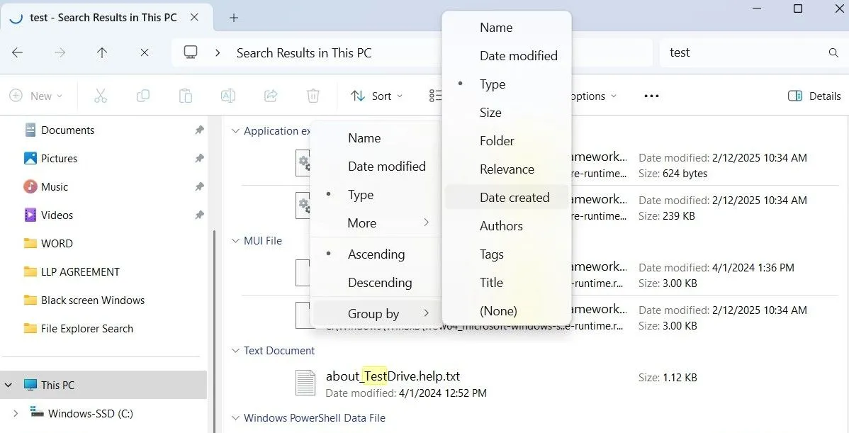 File Explorer hiển thị các tùy chọn nhóm theo trên Windows