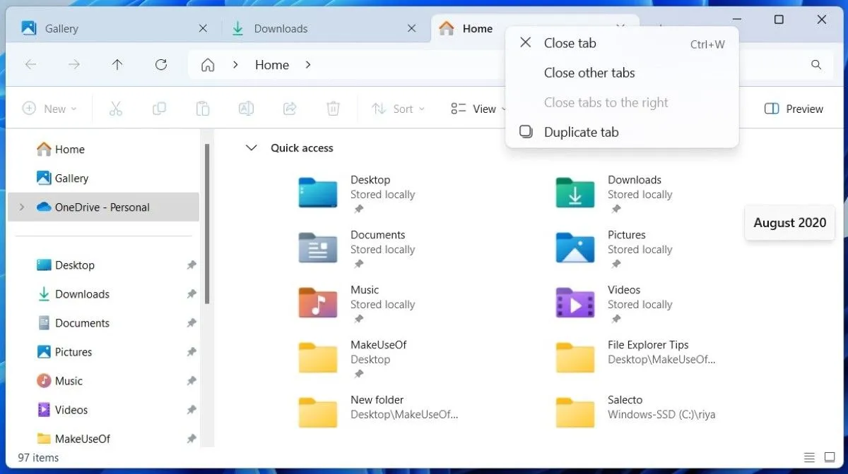 File Explorer trên Windows 11 hiển thị các tab giúp quản lý thư mục hiệu quả