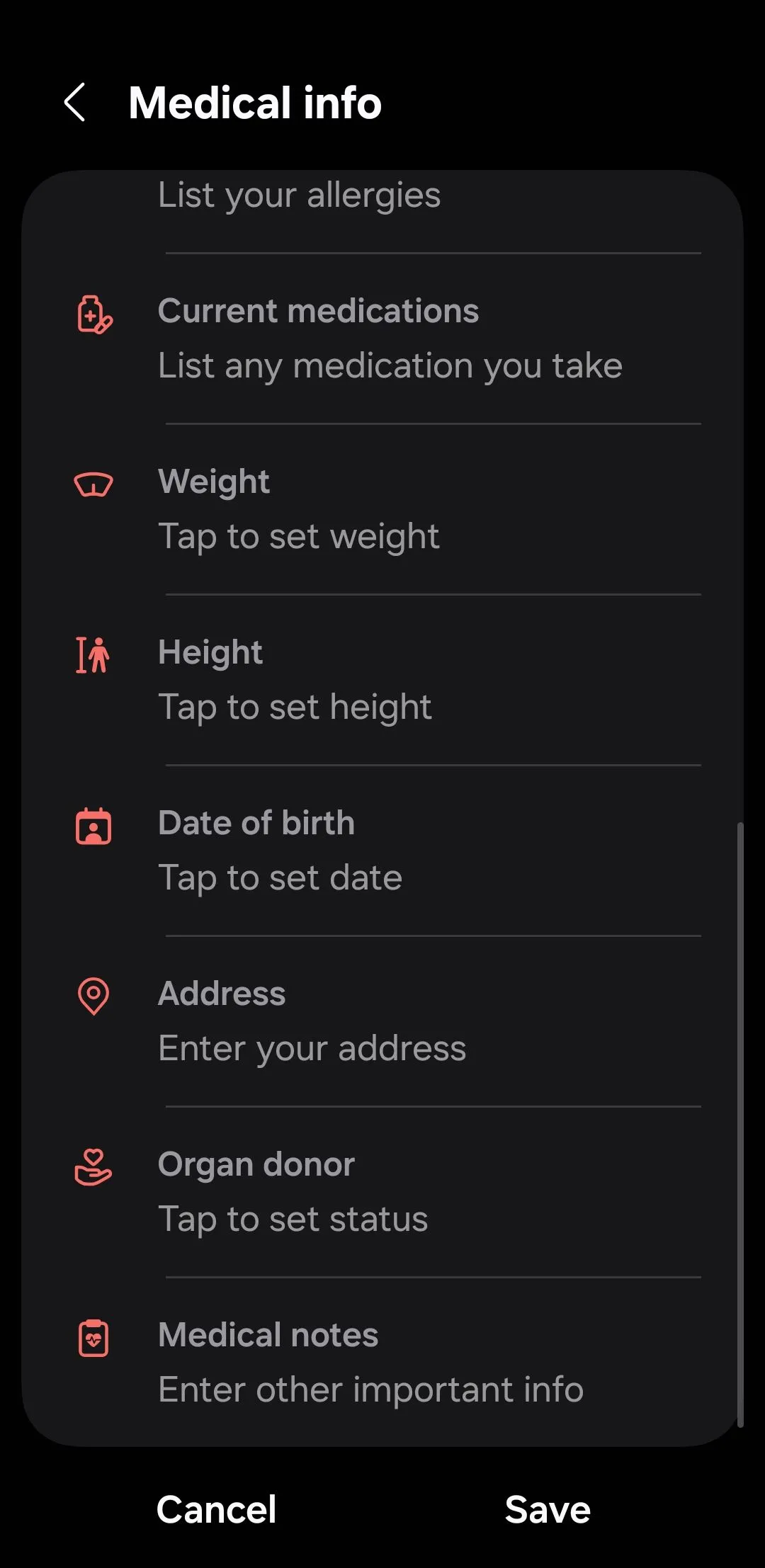 Form nhập thông tin y tế cá nhân trên điện thoại Android.