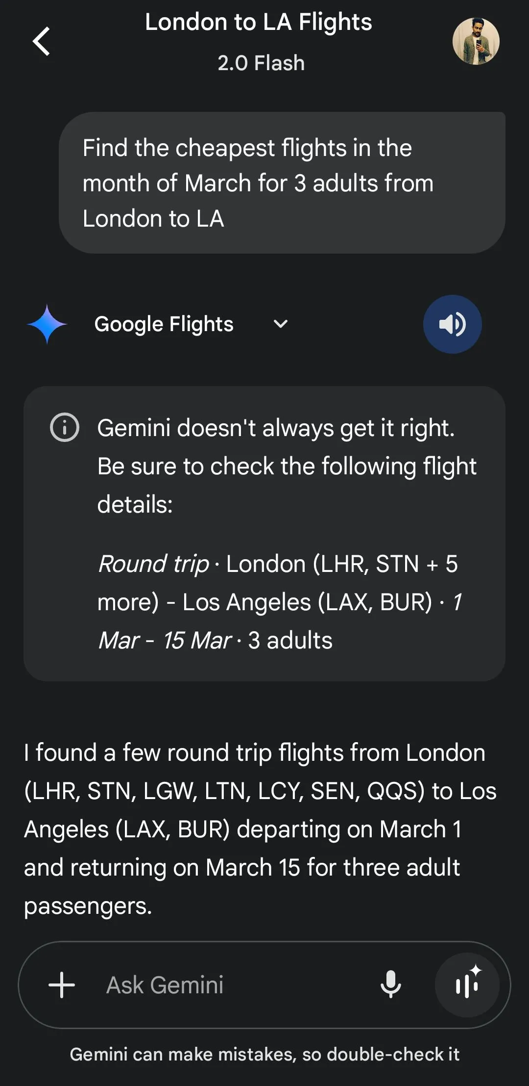 Gemini hiển thị thông tin chuyến bay từ Google Flights