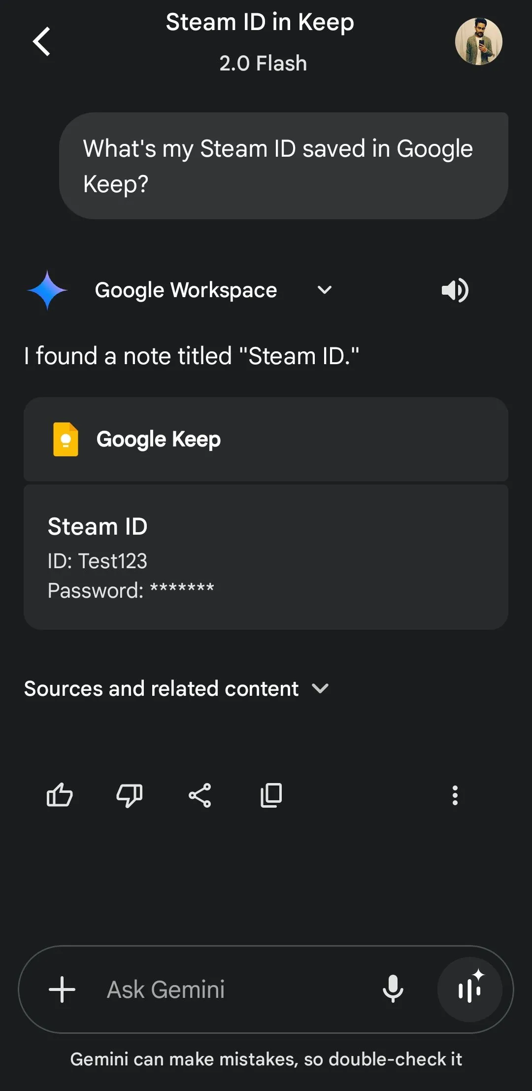 Gemini tìm thông tin Steam ID trong Google Keep