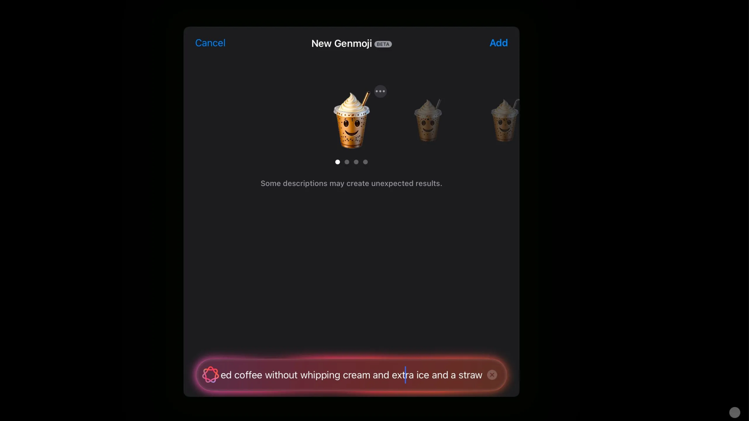 Genmoji tạo emoji cà phê sữa đá có mặt cười