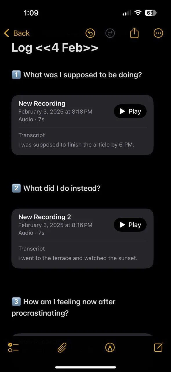 Ghi chú được phiên âm tự động trong nhật ký trì hoãn trên Apple Notes