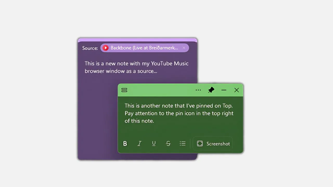 Ghi chú Sticky Notes được ghim cố định trên màn hình Windows 11, hiển thị trên các ứng dụng khác