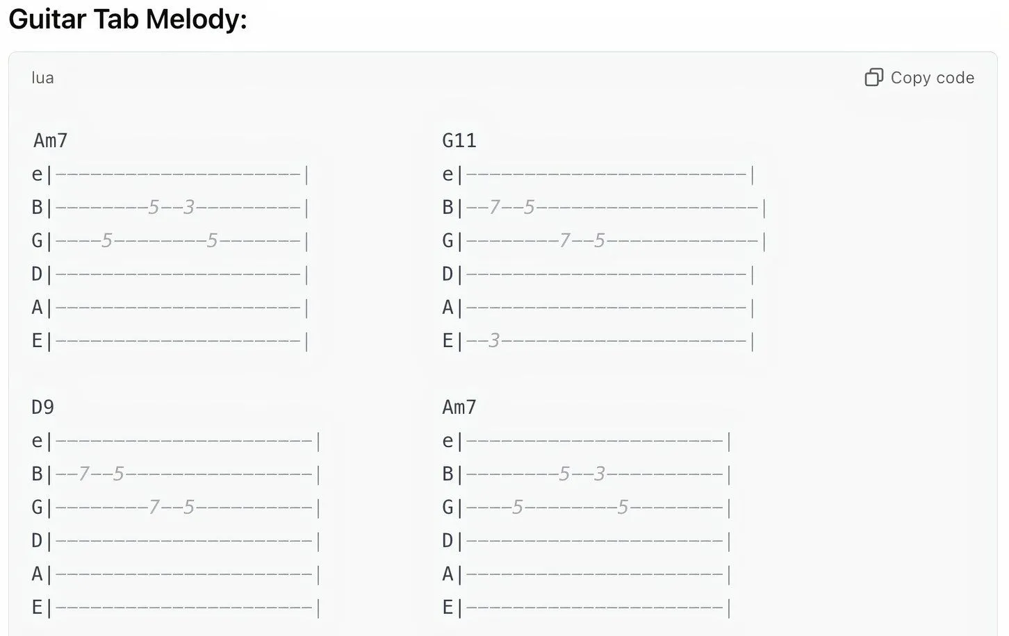 Giai điệu guitar tablature do ChatGPT tạo ra với các hợp âm được chỉ định.