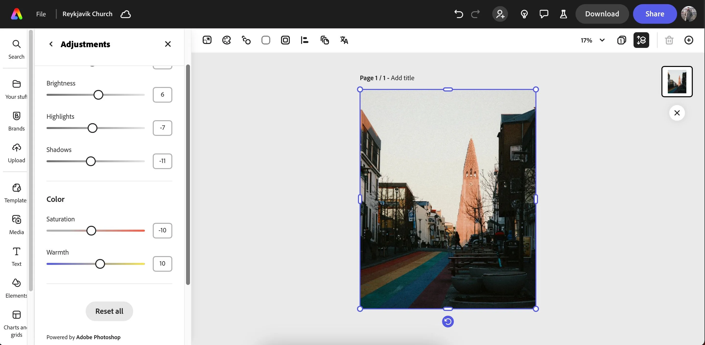 Giao diện Adobe Express đang chỉnh sửa ảnh, hiển thị thanh công cụ và các tùy chọn hiệu ứng