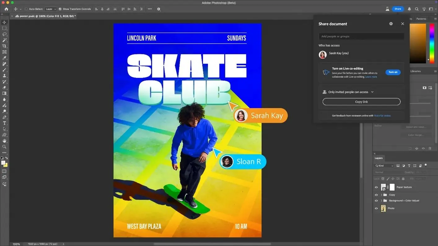 Giao diện Adobe Photoshop minh họa tính năng cộng tác trực tiếp (Live Co-Editing) với các biểu tượng người dùng cùng chỉnh sửa.