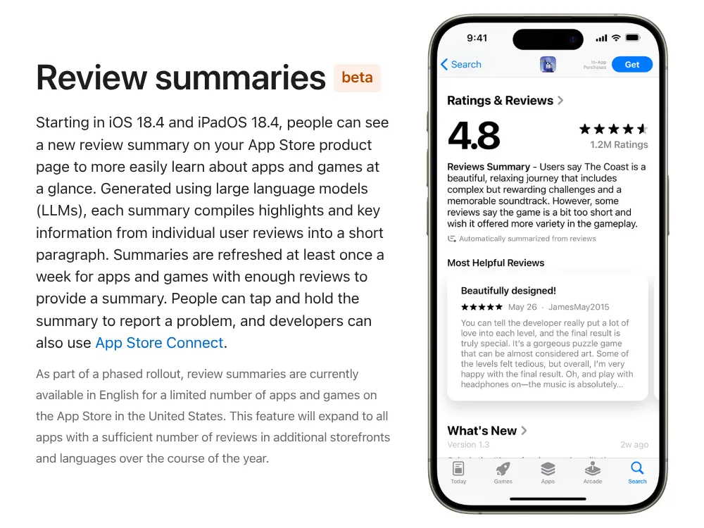 Giao diện App Store hiển thị bản tóm tắt đánh giá ứng dụng được tạo bởi AI của Apple