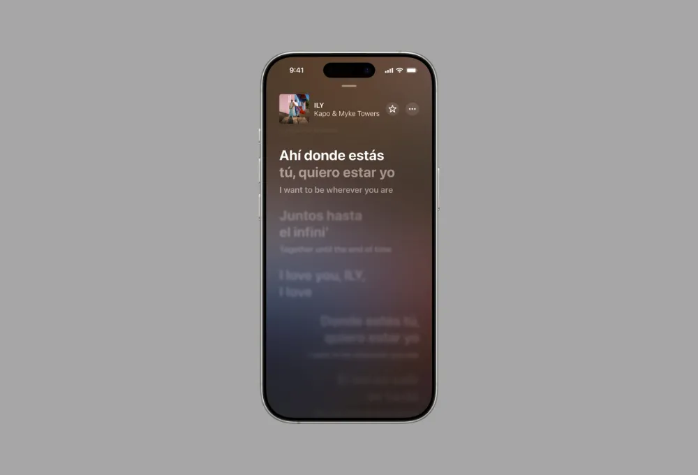 Giao diện Apple Music hiển thị tính năng Dịch Lời Bài Hát với bản dịch song ngữ theo thời gian thực, giúp người dùng dễ dàng theo dõi lời gốc và bản dịch tiếng Việt.