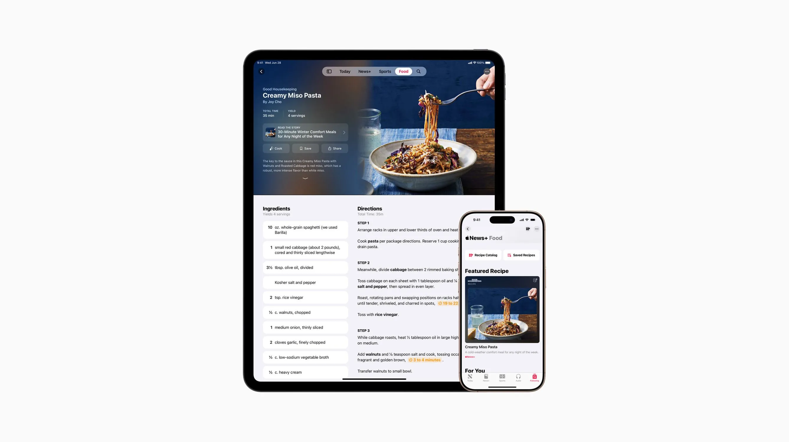 Giao diện Apple News+ Food trên thiết bị Apple hiển thị các công thức nấu ăn và bài viết ẩm thực
