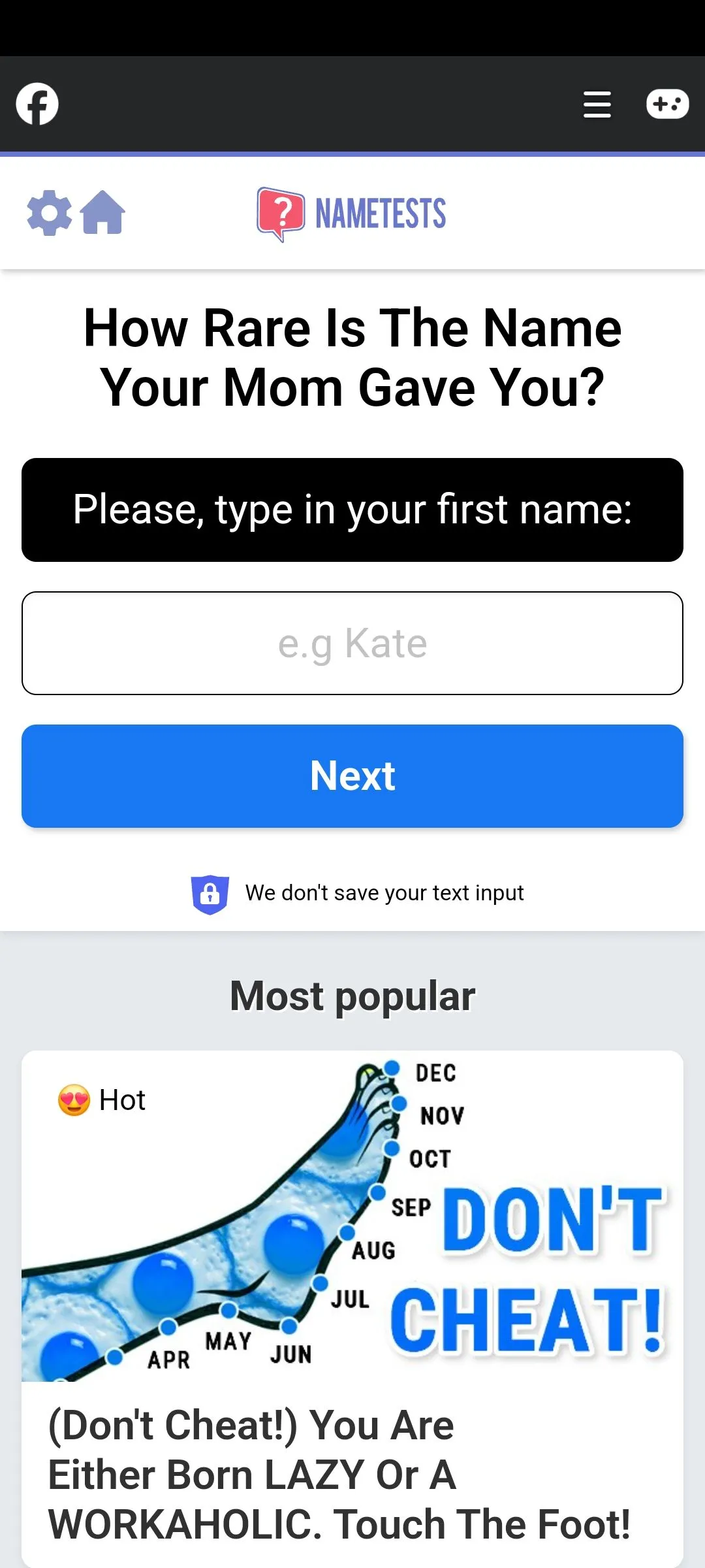 Giao diện bài kiểm tra 'tên thật của bạn là gì' trên Facebook, cảnh báo về các câu đố giả mạo thu thập dữ liệu