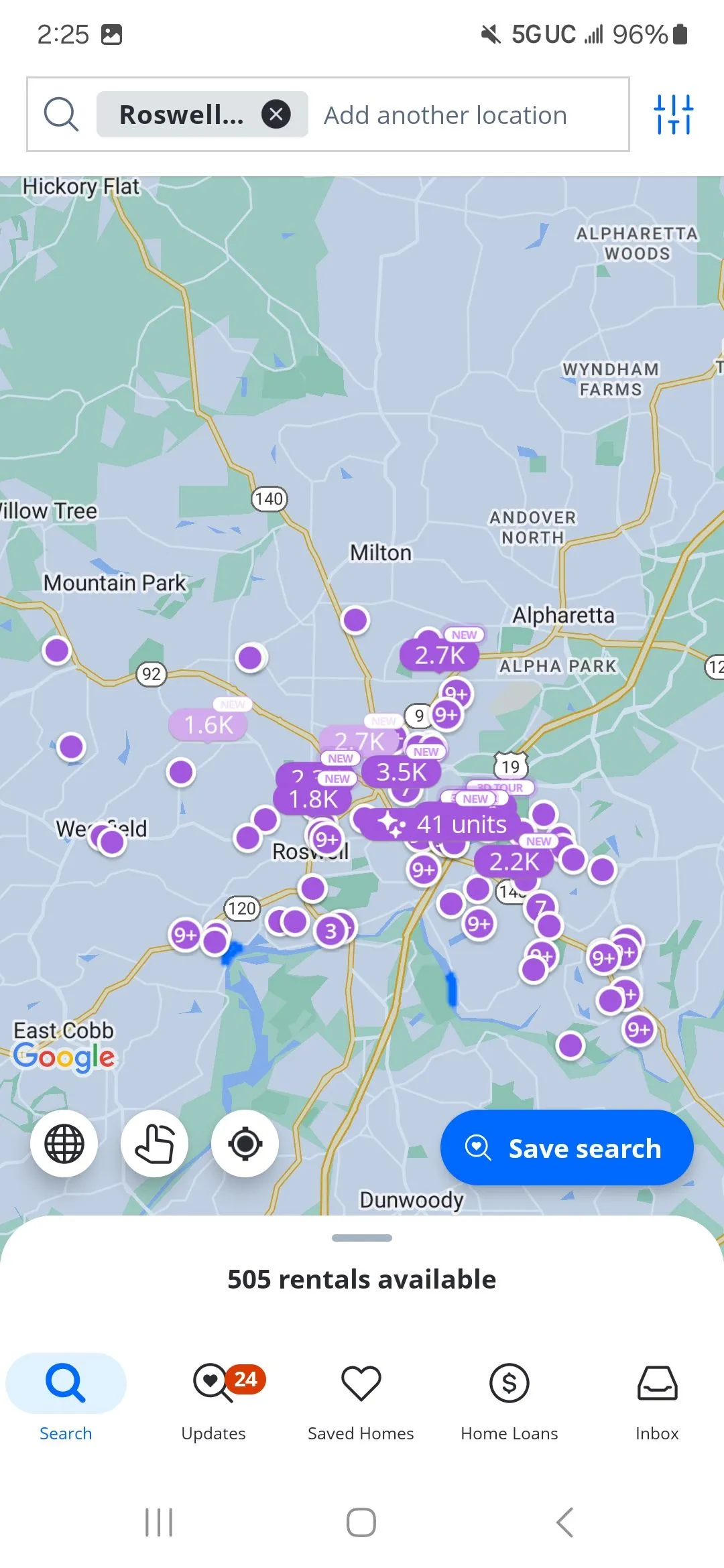 Giao diện bản đồ của ứng dụng Zillow hiển thị các căn hộ cho thuê và giá cả tại từng khu vực, giúp người dùng dễ dàng định vị.