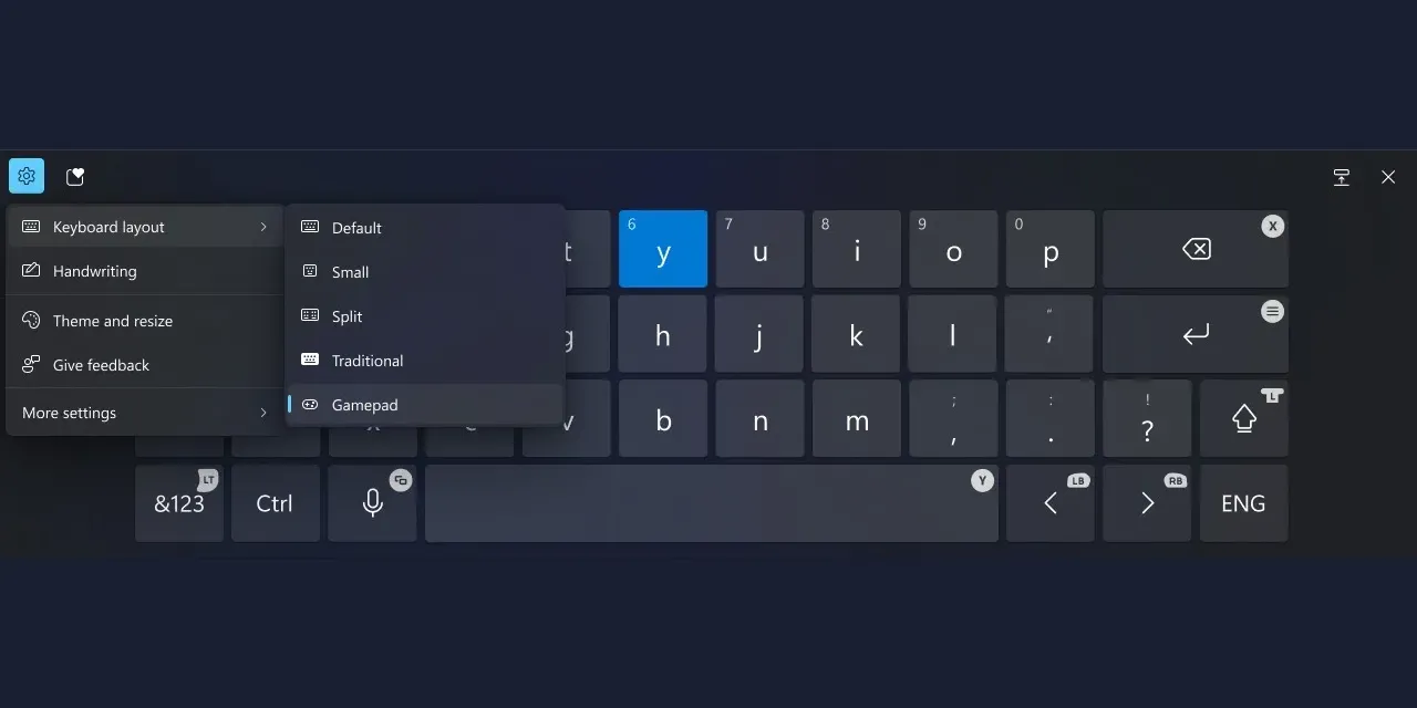 Giao diện bàn phím ảo gamepad trên Windows 11 được điều khiển bằng tay cầm Xbox