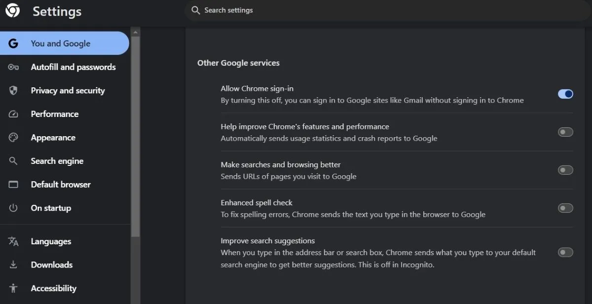 Giao diện cài đặt Bạn và Google trong Chrome hiển thị tùy chọn thu thập dữ liệu tìm kiếm và duyệt web