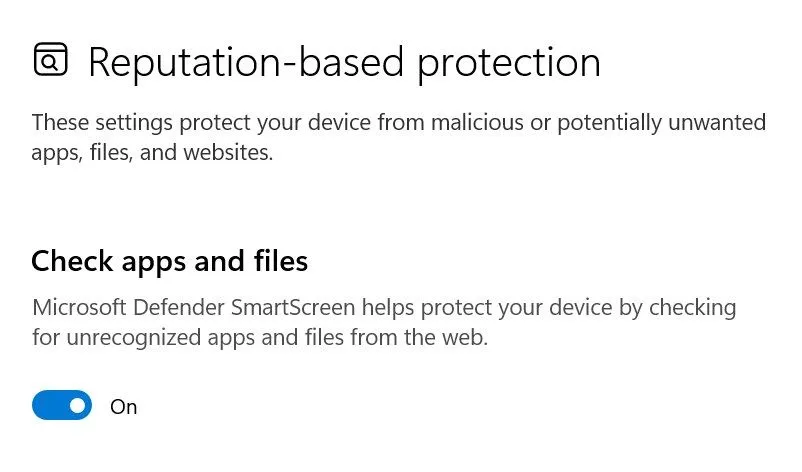 Giao diện cài đặt bảo vệ dựa trên danh tiếng (Reputation-based protection) của Windows SmartScreen.