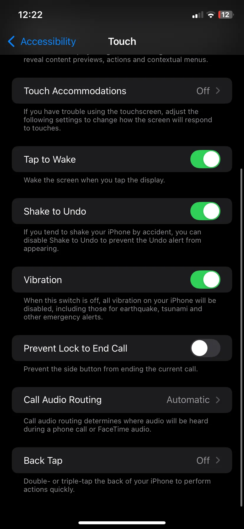 Giao diện cài đặt Cảm ứng trong mục Trợ năng của ứng dụng Cài đặt trên iPhone