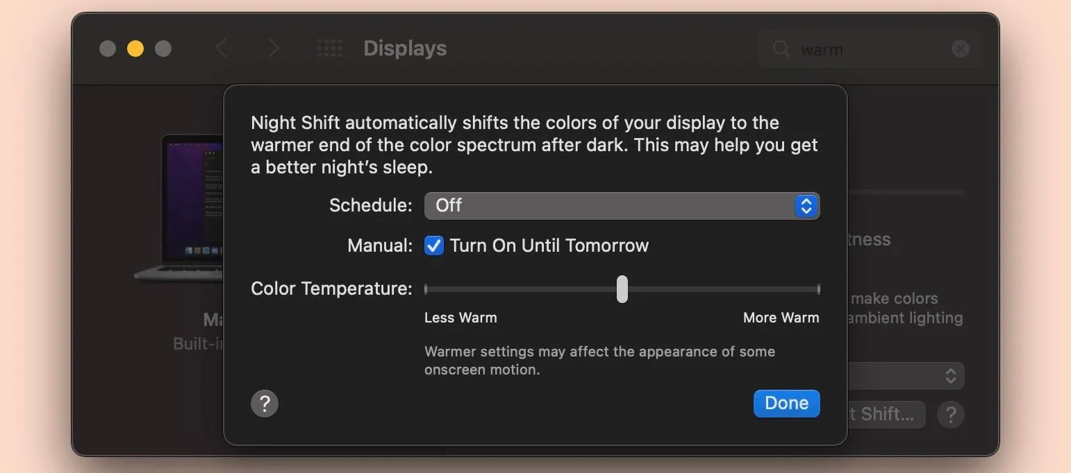 Giao diện cài đặt chế độ Night Shift trên máy tính Mac với thanh trượt điều chỉnh nhiệt độ màu màn hình.