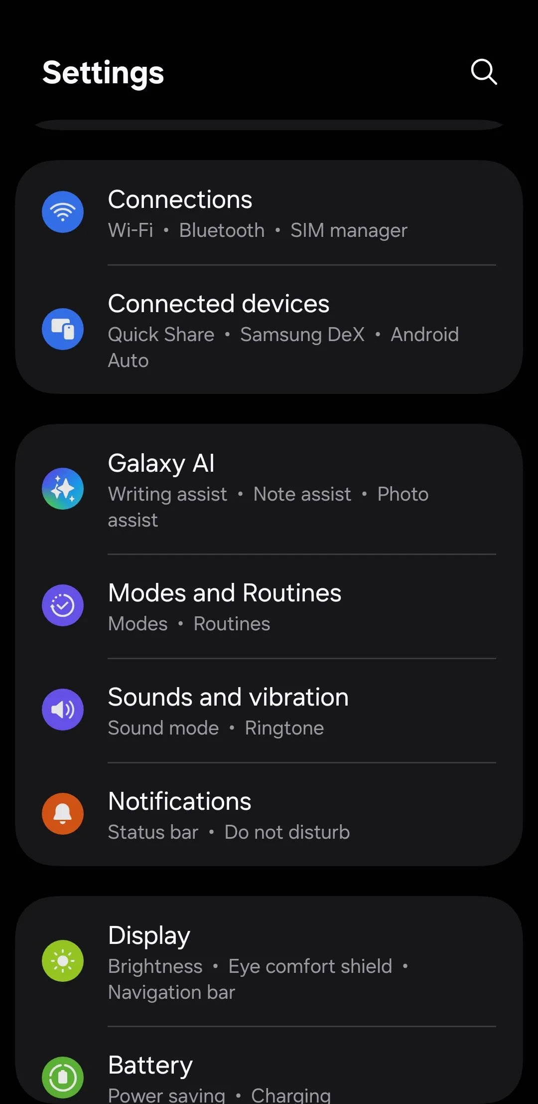 Giao diện cài đặt chính trên điện thoại Android